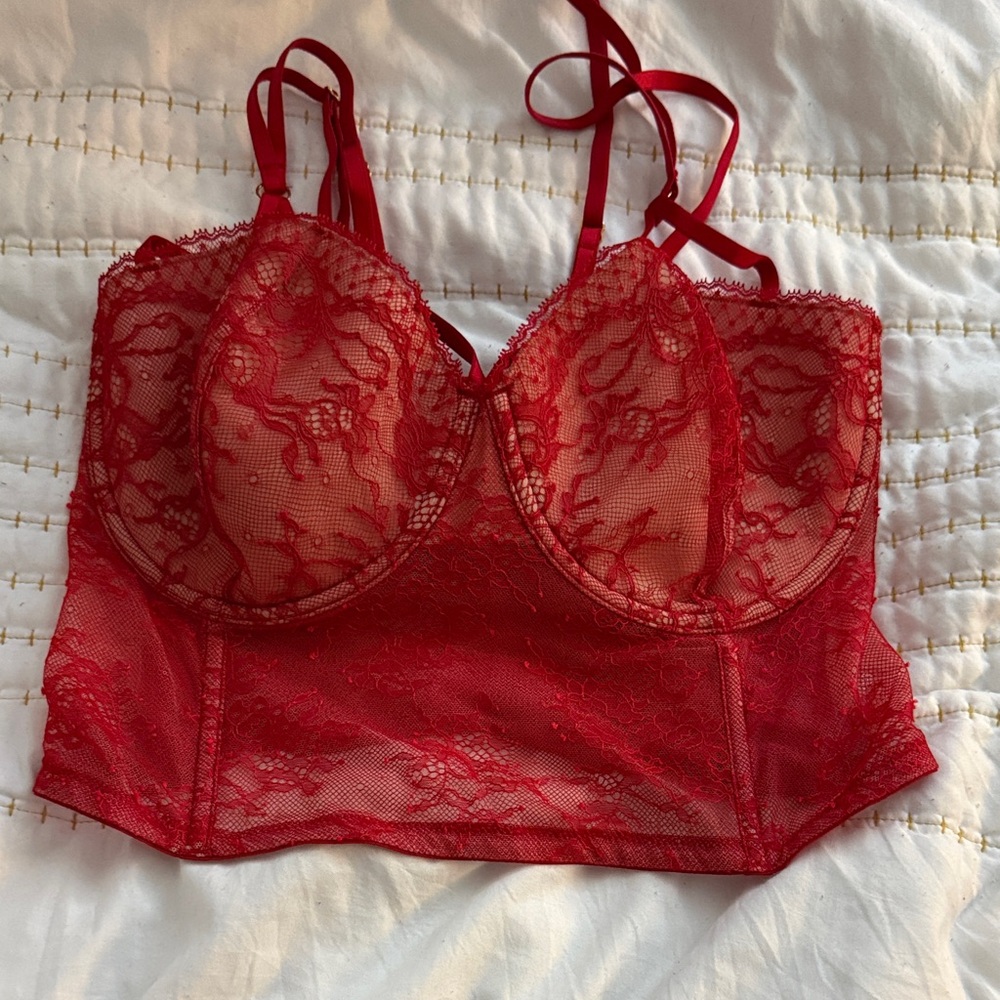 * Victoria’s Secret * Lace Bralette Bustier Set- Red Tan lace, 34DD 34DDD - NWT - Picture 6 of 9